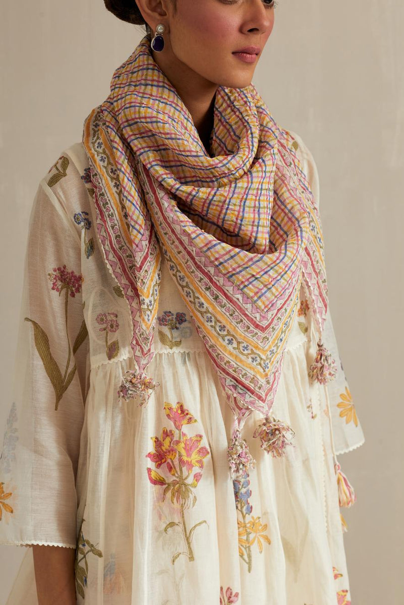 Multi colored hand block printed Cotton Chanderi square scarf. – Upavita
