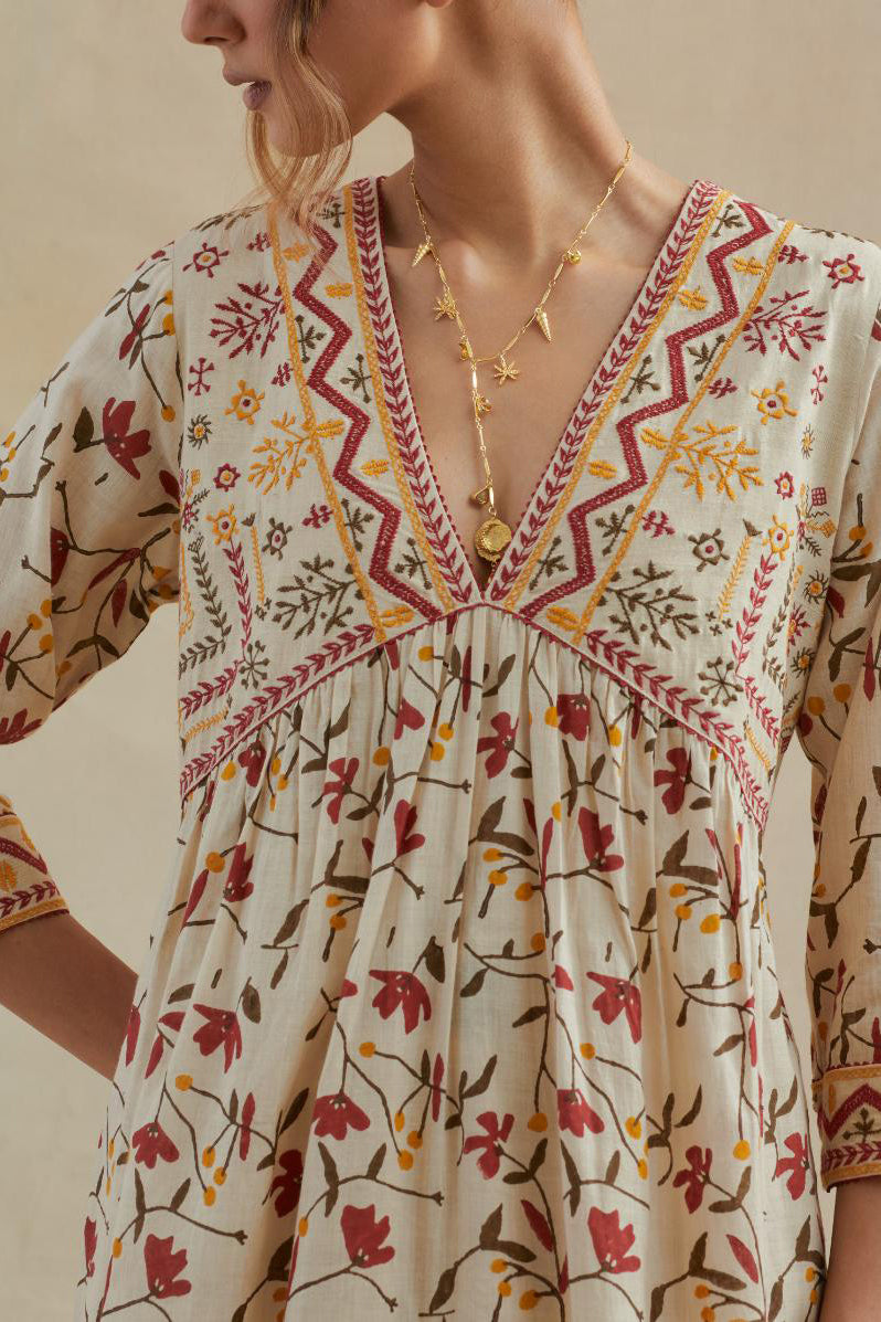 Beige cotton kurta dress set with all-over yellow & red floral hand block print.