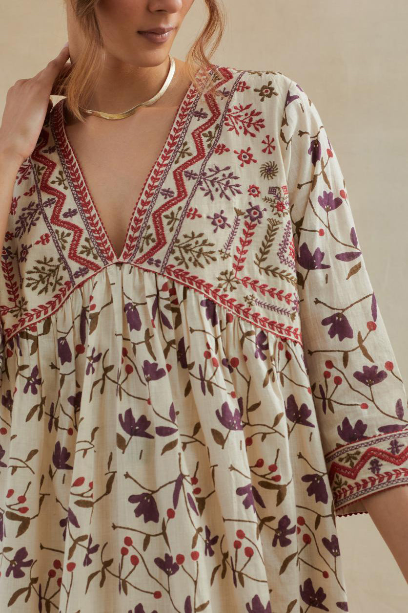 Beige cotton kurta dress set with all-over rust & green floral hand block print.