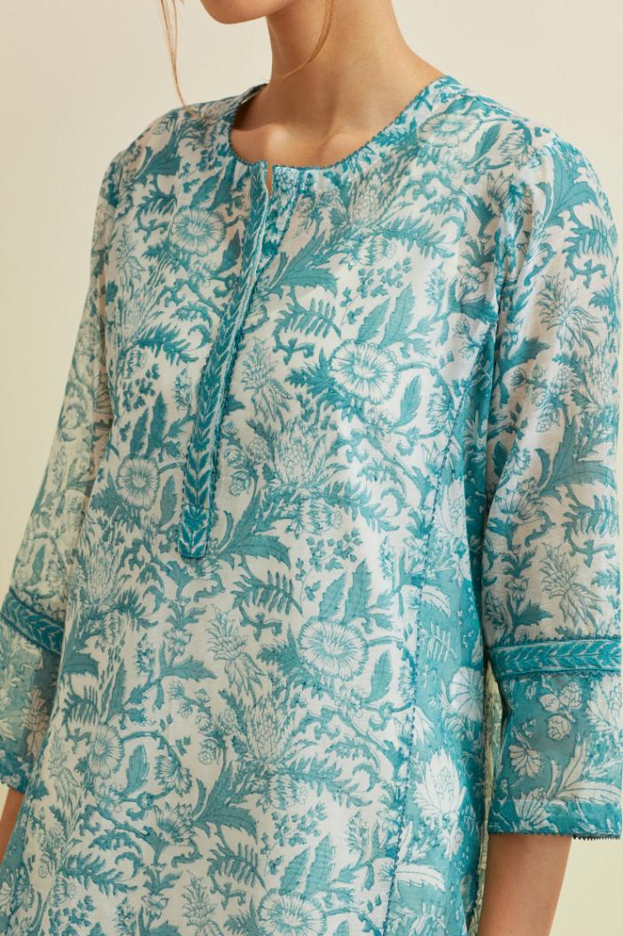 Tropical teal hand block printed kalidar straight kurta set, highlighted with thread embroidery.