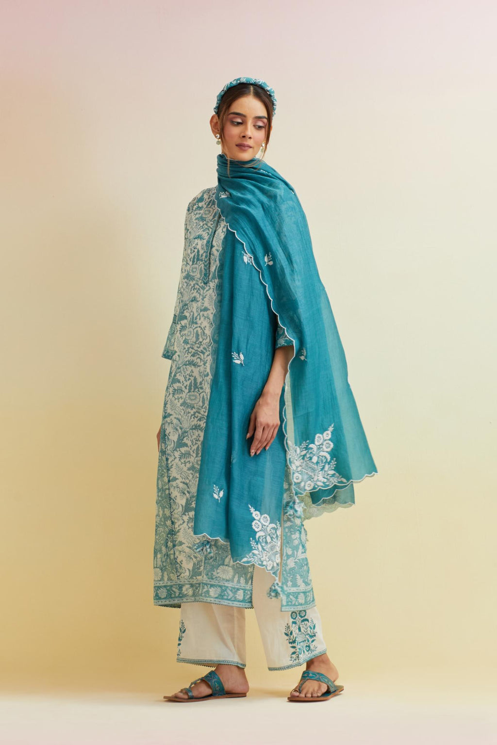 Tropical teal hand block printed kalidar straight kurta set, highlighted with thread embroidery.