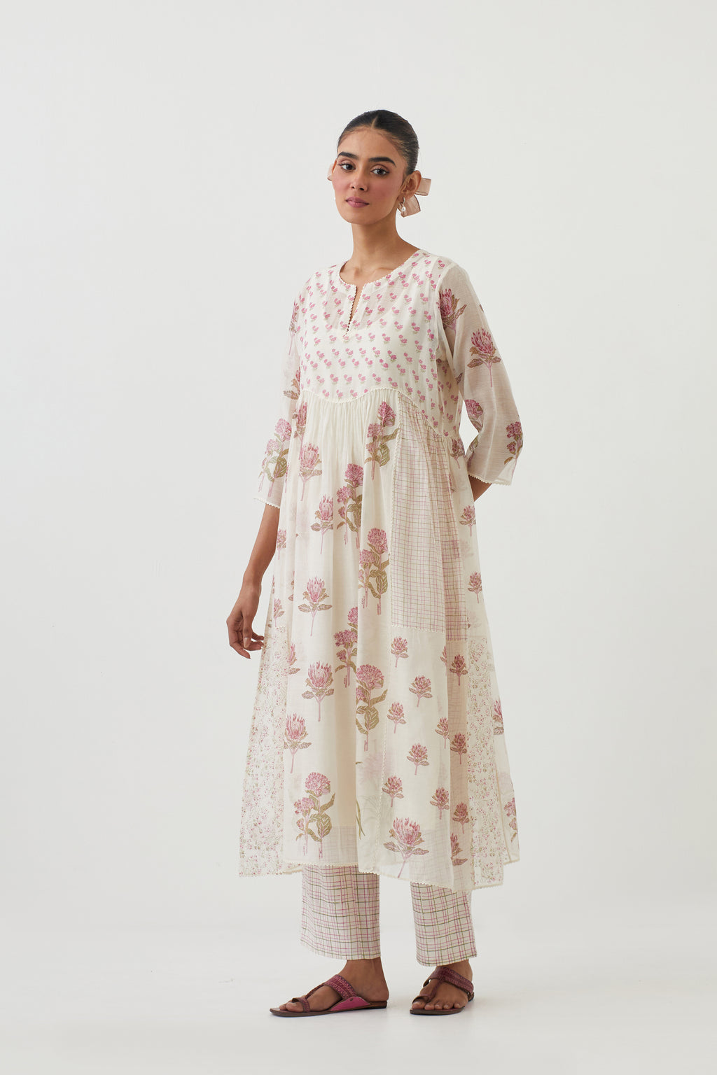 Off white cotton chanderi Kurta dress set  with all-over assorted pink colored floral hand block print.