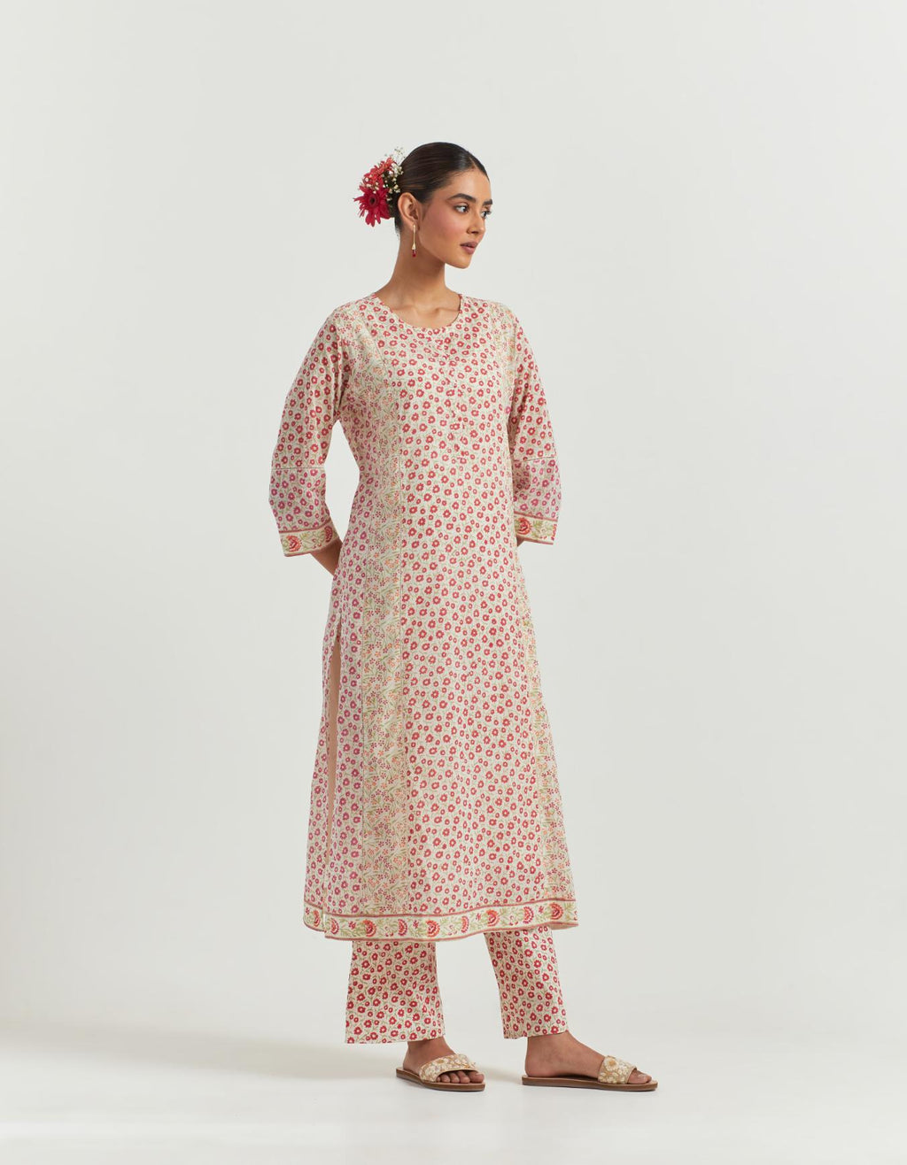Multi colored cotton hand-block printed kurta set with multi-print panels, highlighted with off white ladder lace detailing at side panels.