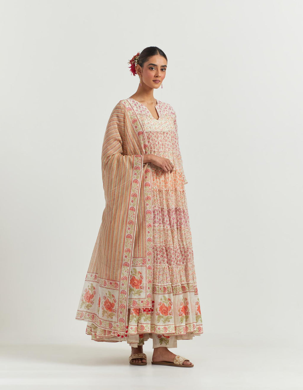 Multi colored hand block printed multi-tiered kurta dress set with 3/4 sleeves.