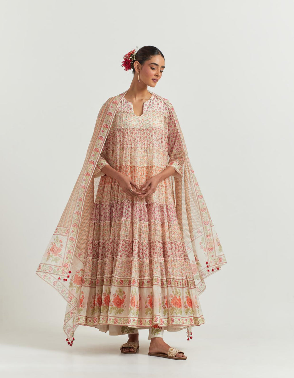 Multi colored hand block printed multi-tiered kurta dress set with 3/4 sleeves.