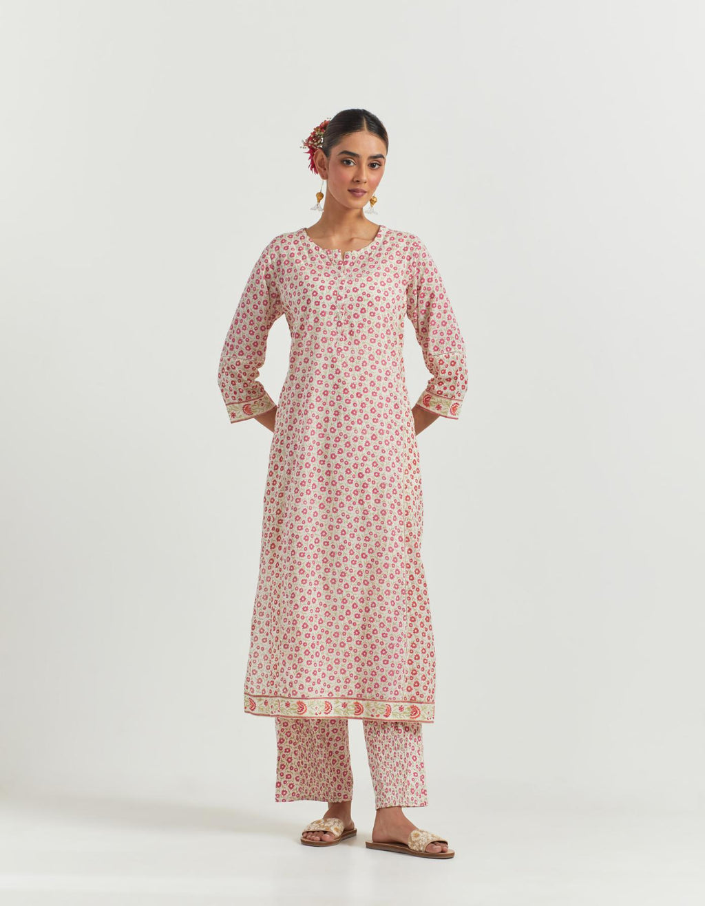 Multi colored cotton hand-block printed kurta set with side panels, detailed with off white ladder lace detailing at side panels.