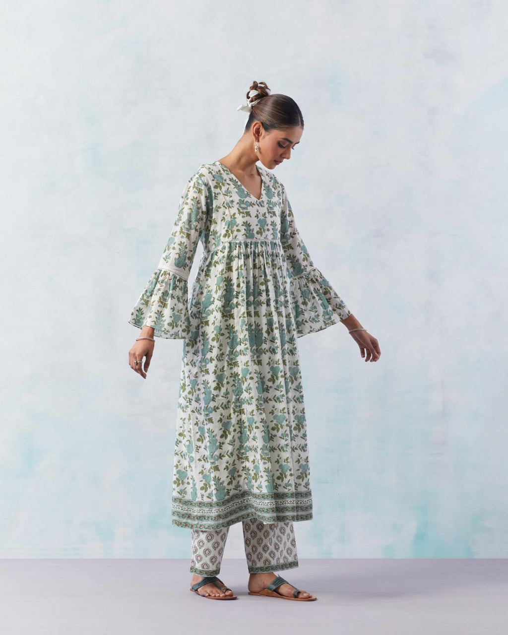 Teal green cotton Kurta dress set with all-over hand block print