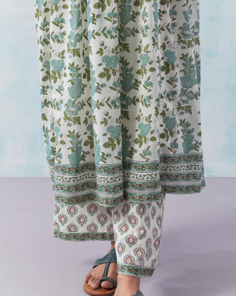 Teal green cotton Kurta dress set with all-over hand block print