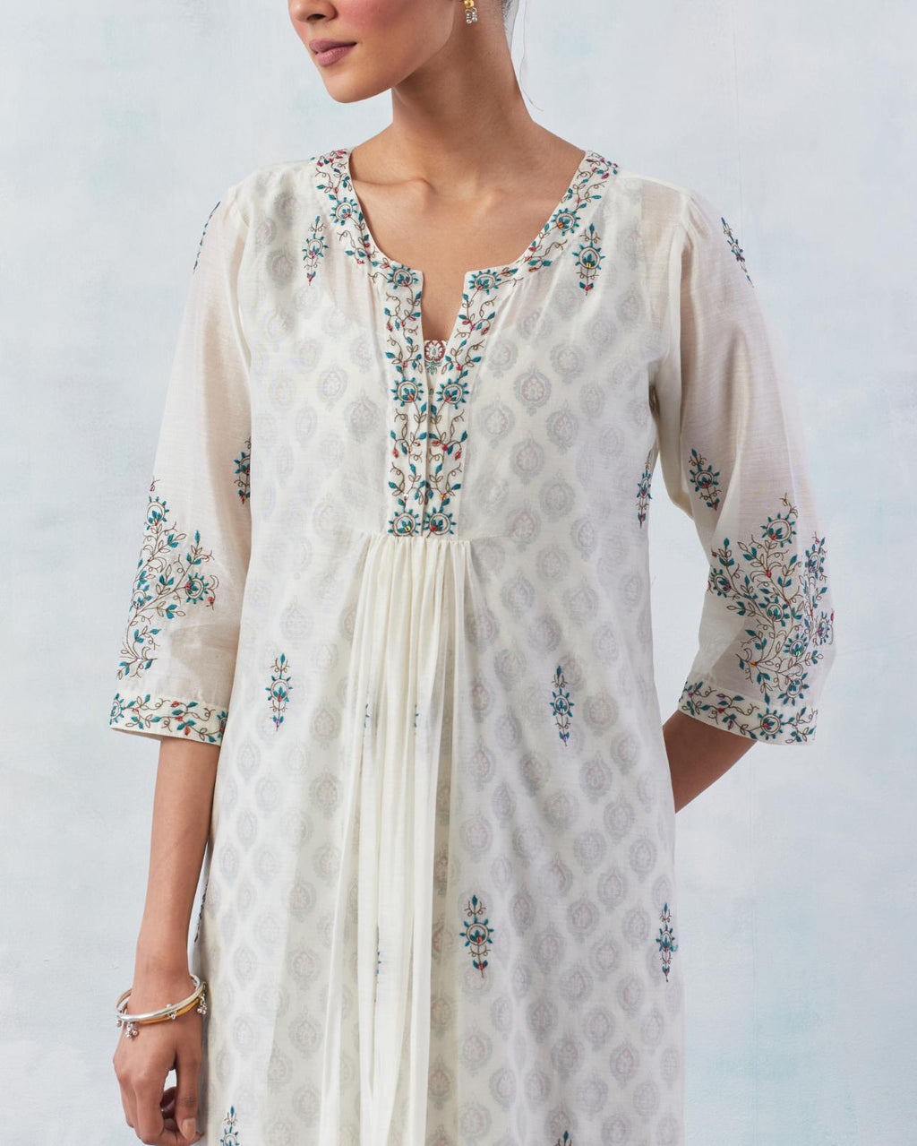 Off white silk Chanderi straight long kurta dress set with contrast silk thread embroidery
