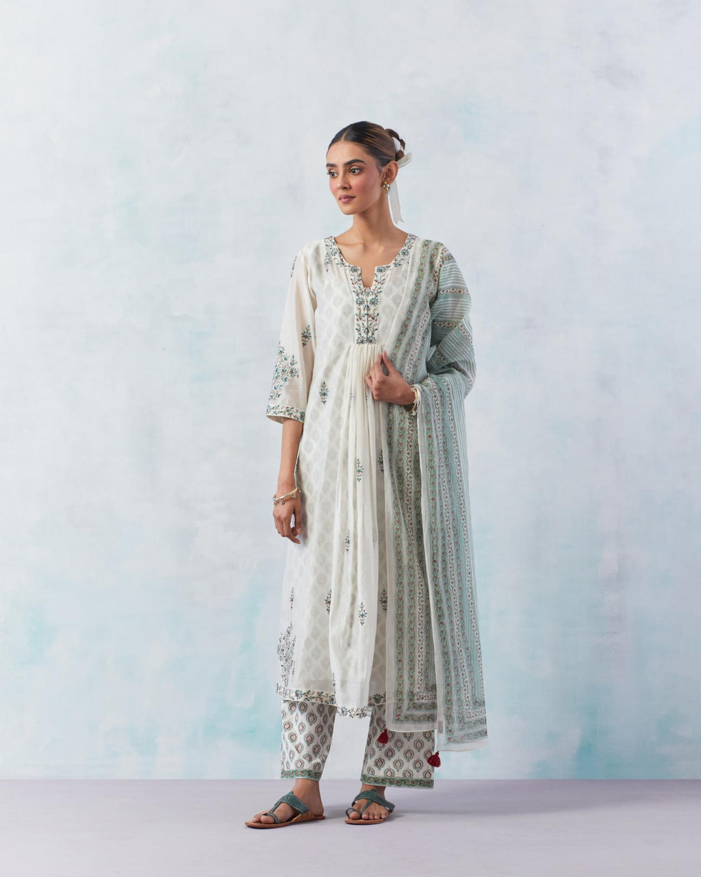 Off white silk Chanderi straight long kurta dress set with contrast silk thread embroidery