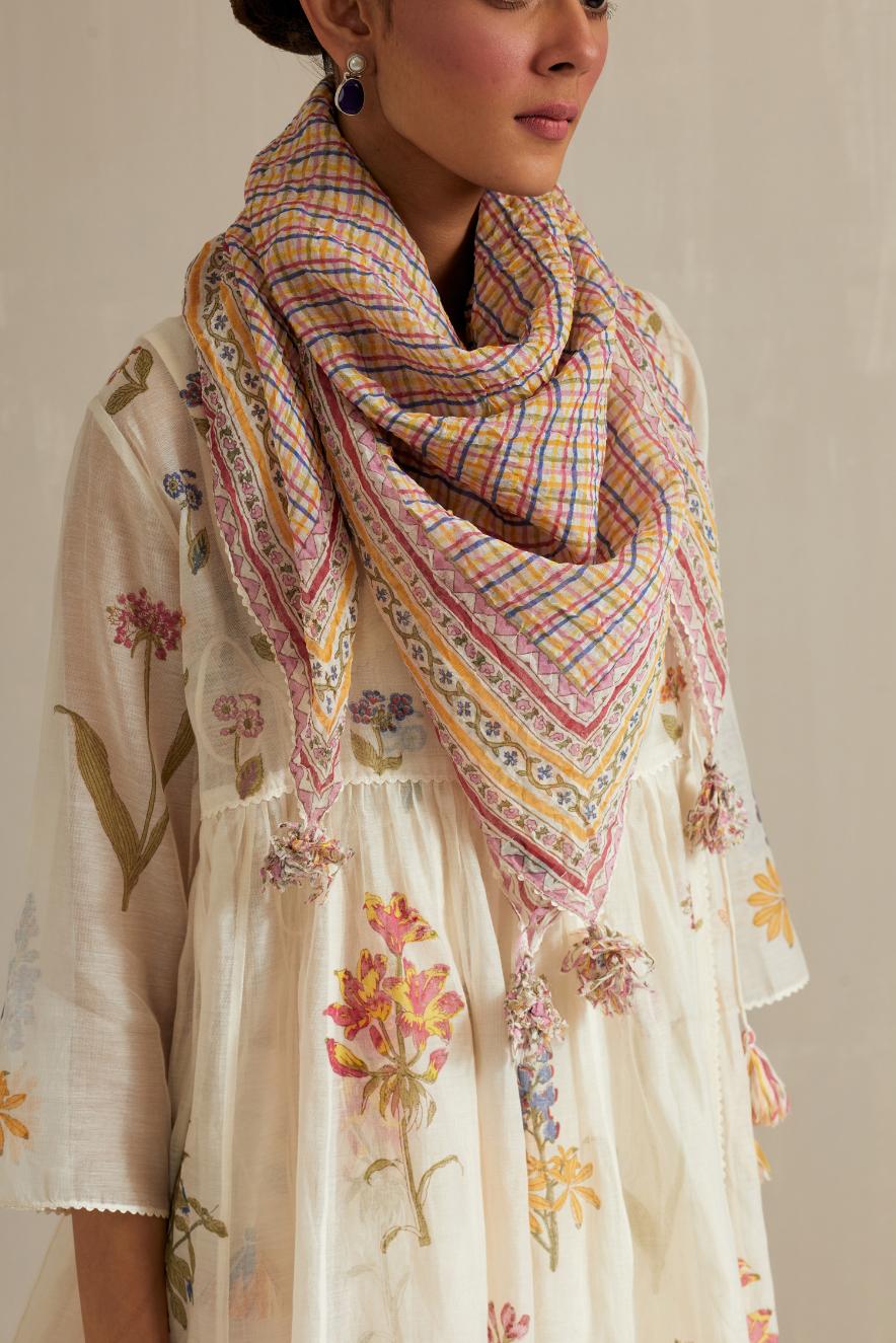 Off white hand block printed short angrakha kurta set with all-over multi colored flower.