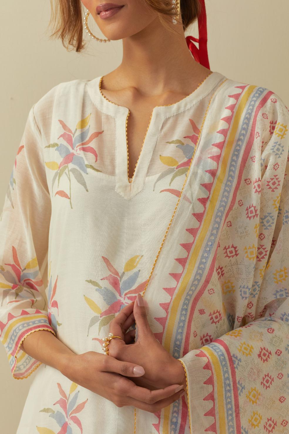 Multi colored hand block printed Cotton Chanderi dupatta.