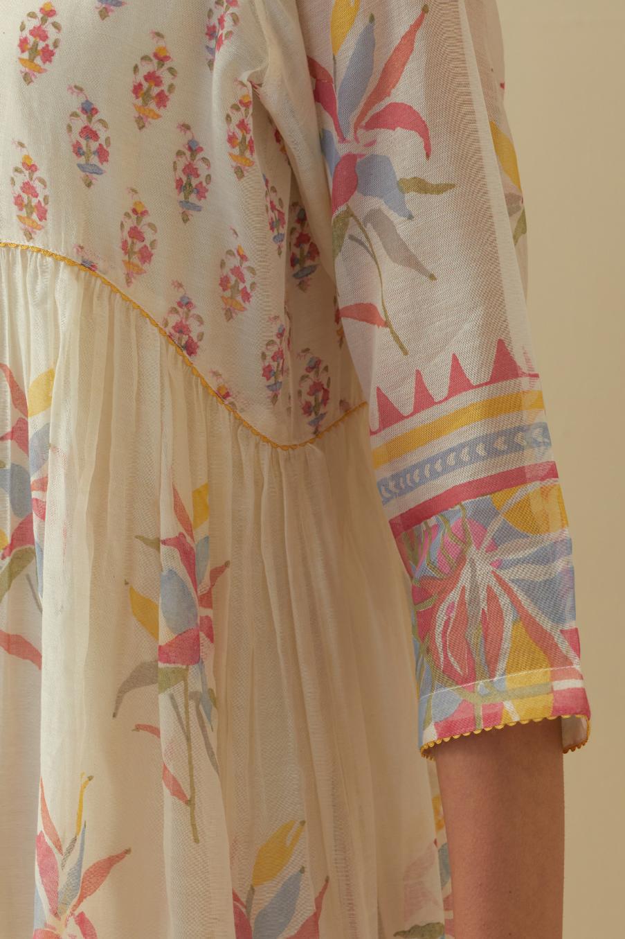 Off white cotton chanderi Kurta dress set with all-over assorted multi colored floral hand block print.