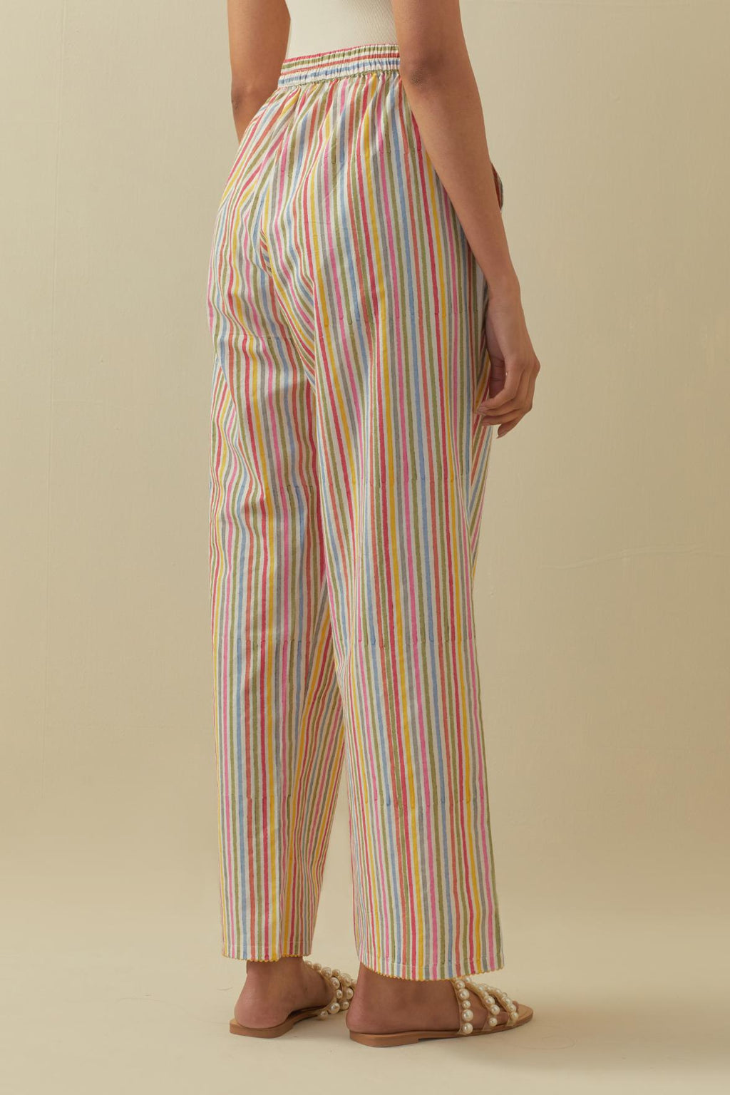 Multi colored striped hand block printed cotton straight pants.
