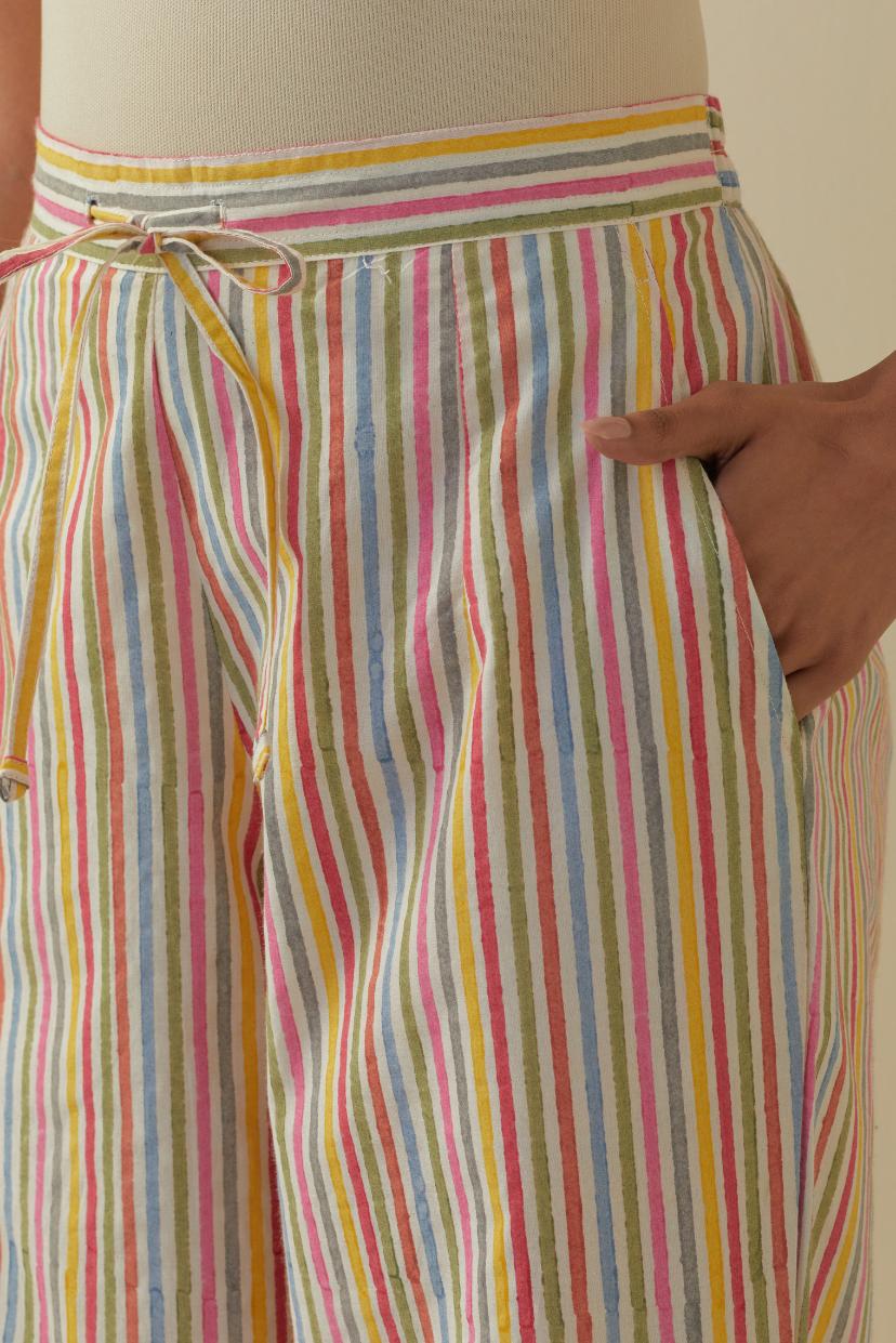 Multi colored striped hand block printed cotton straight pants.