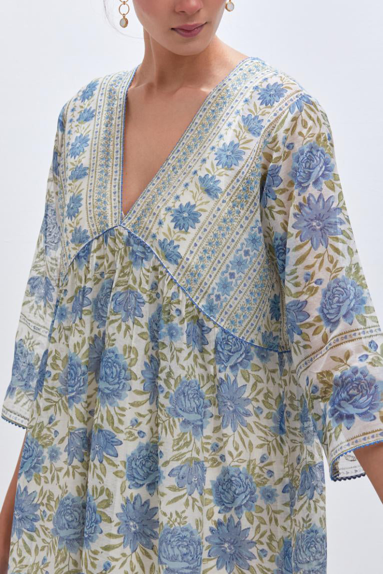 Off white cotton chanderi kurta dress set with all-over blue & green floral hand block print.