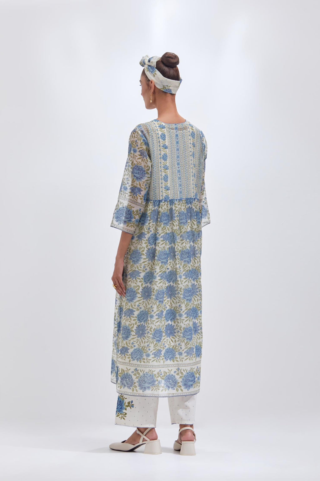 Off white cotton chanderi kurta dress set with all-over blue & green floral hand block print.