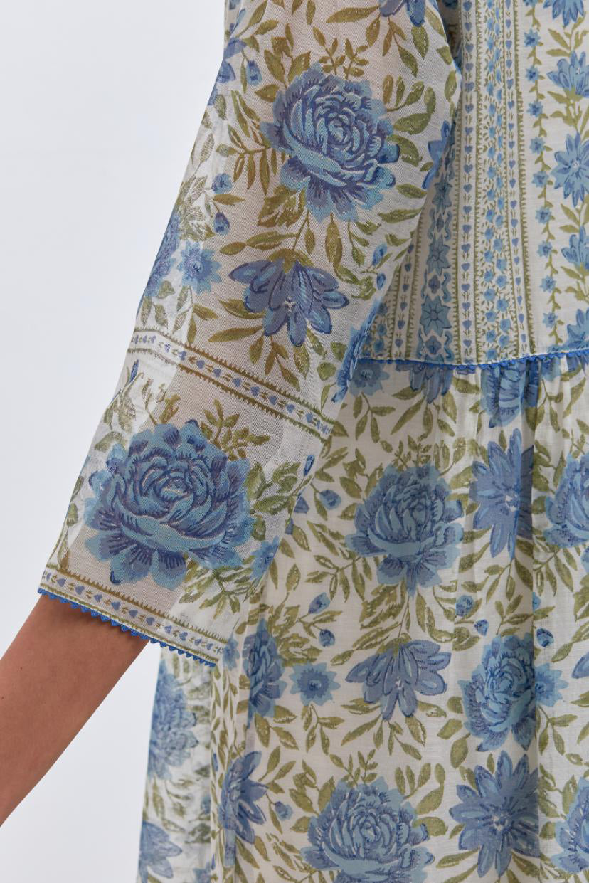 Off white cotton chanderi kurta dress set with all-over blue & green floral hand block print.