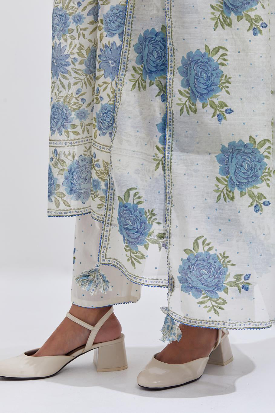 Off white cotton chanderi kurta dress set with all-over blue & green floral hand block print.
