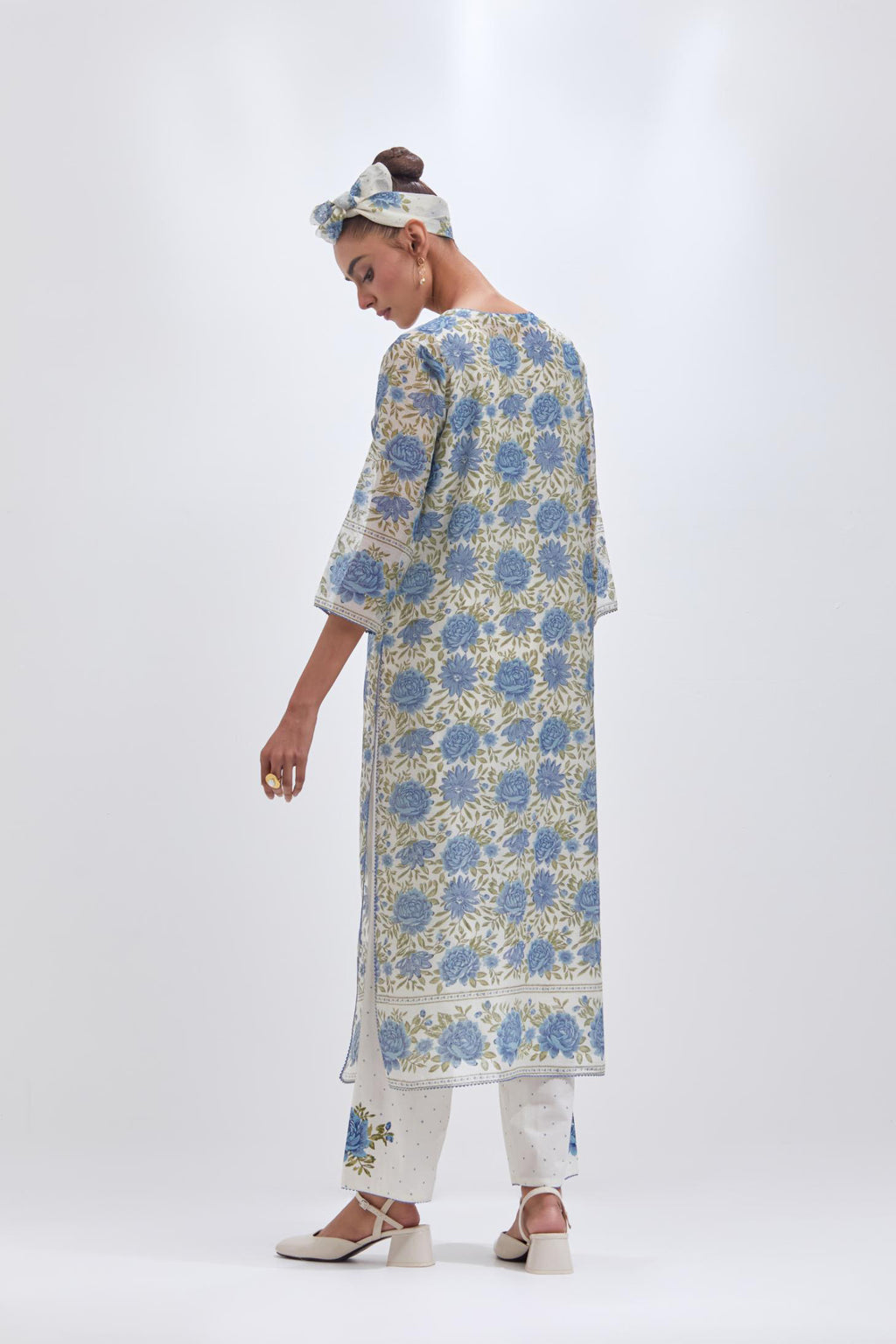 Off white cotton chanderi straight kurta set with all-over blue and green floral hand block print.