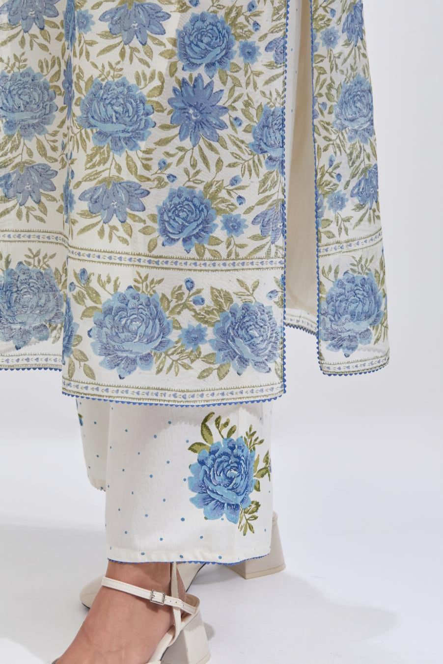 Off white cotton chanderi straight kurta set with all-over blue and green floral hand block print.