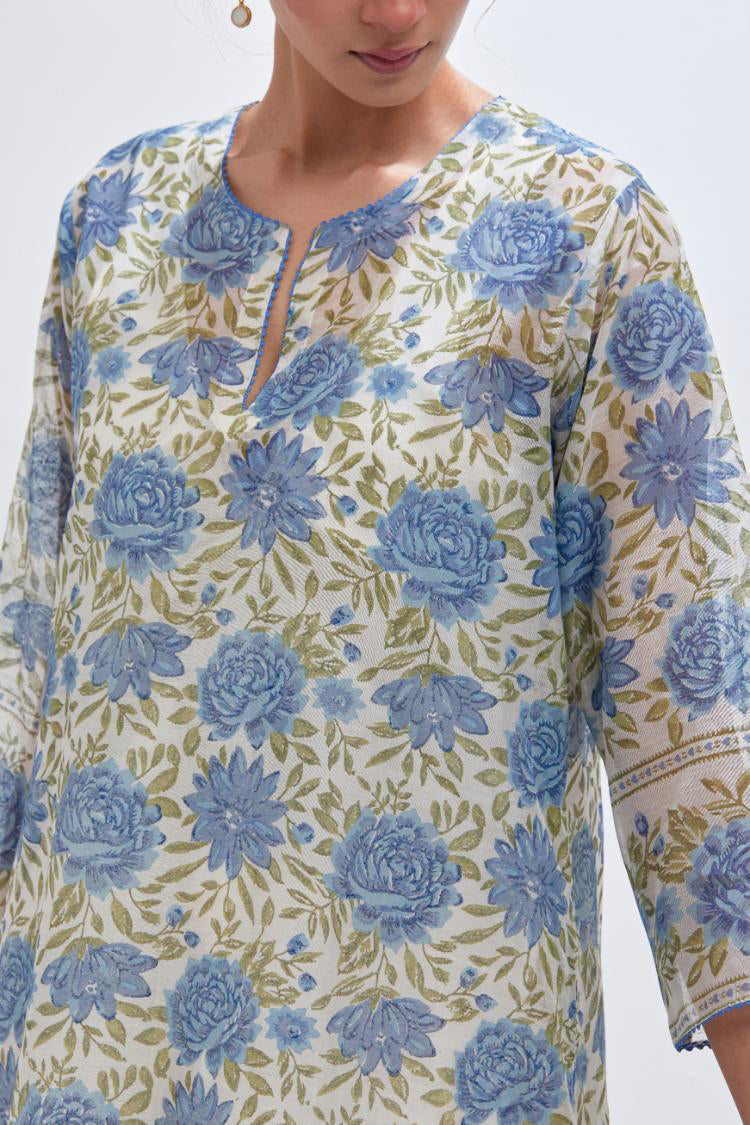 Off white cotton chanderi straight kurta set with all-over blue and green floral hand block print.