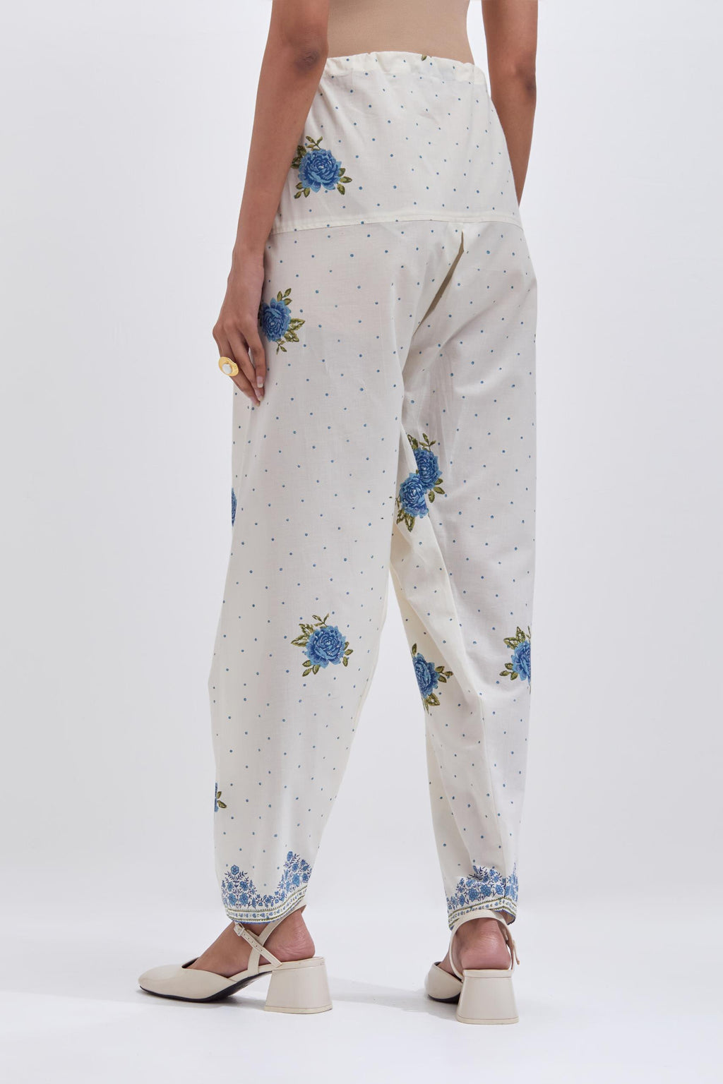 Off white cotton salwar with all-over blue & green floral hand block print.