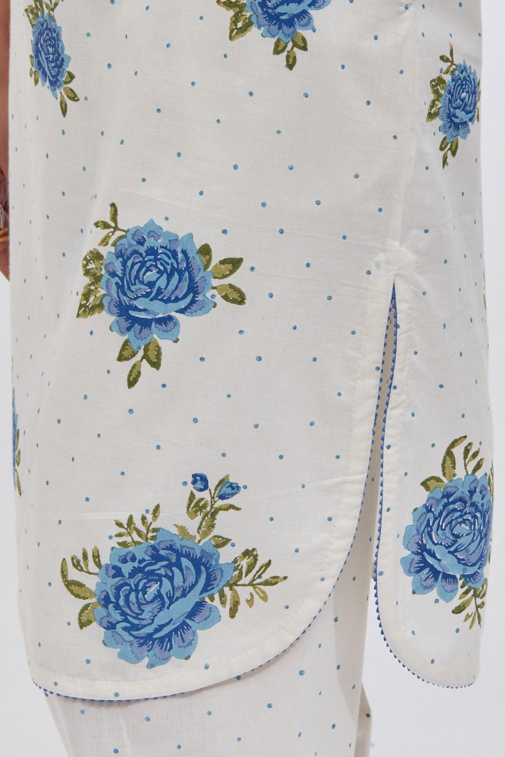 Off white cotton straight short kurta set with all-over blue & green floral hand block print.