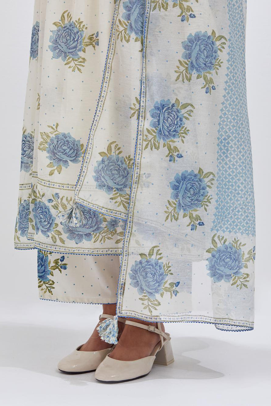 Off white cotton chanderi dupatta with all-over blue & green hand block print.