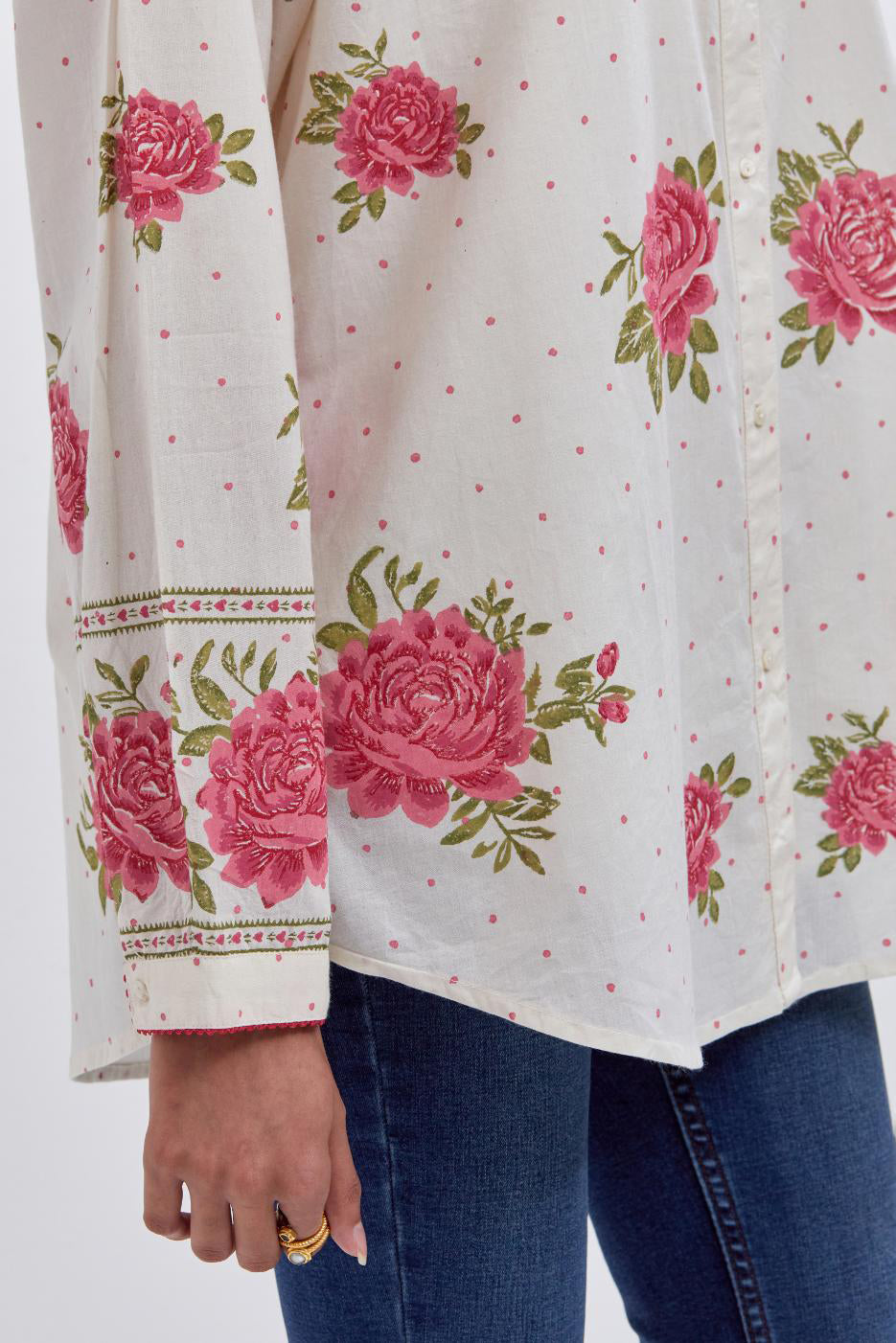Off white cotton shirt with all-over pink & green floral hand block print and full sleeves.