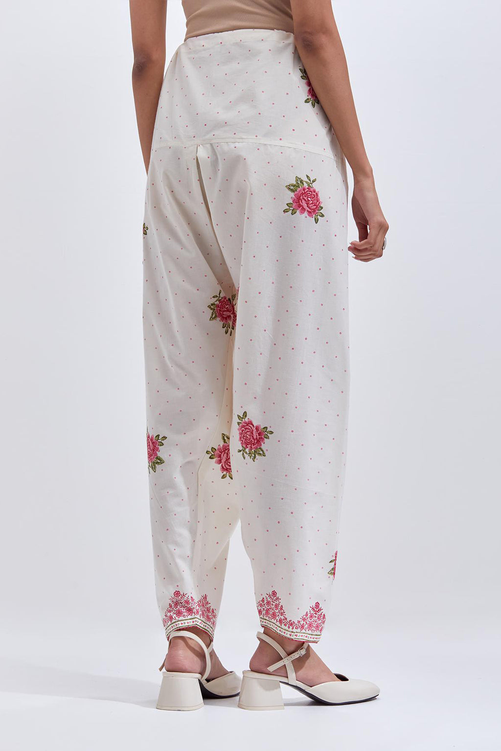 Off white cotton salwar with all-over pink & green floral hand block print.