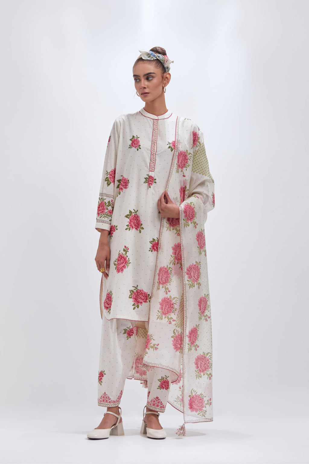 Off white cotton chanderi dupatta with all-over pink & green hand block print.