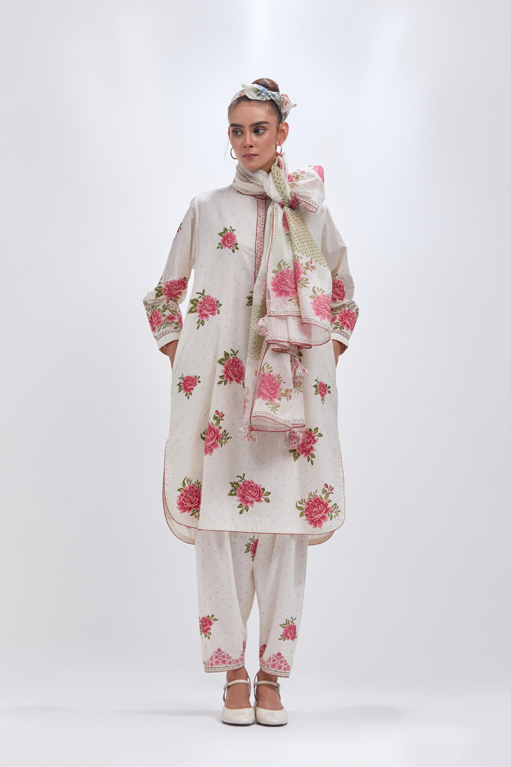 Off white cotton chanderi dupatta with all-over pink & green hand block print.