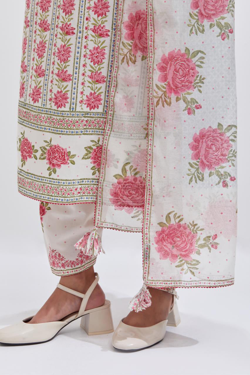 Off white cotton chanderi dupatta with all-over blue & pink hand block print.