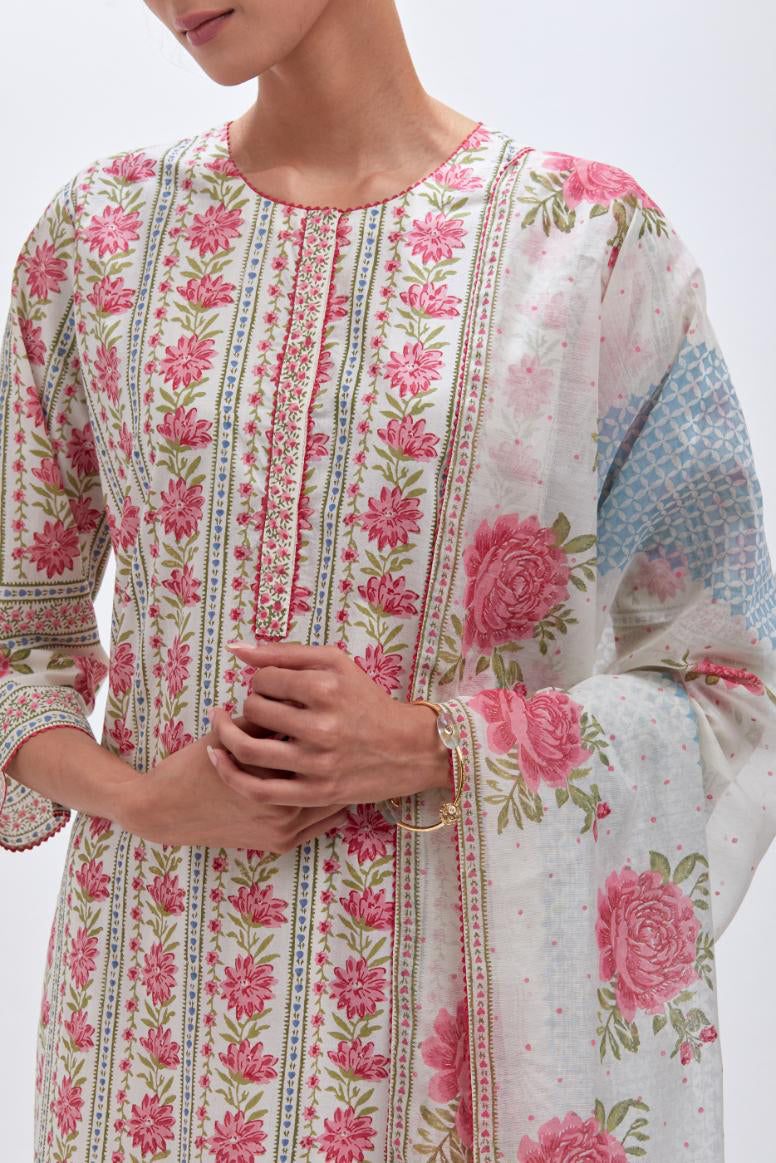 Off white cotton chanderi dupatta with all-over blue & pink hand block print.