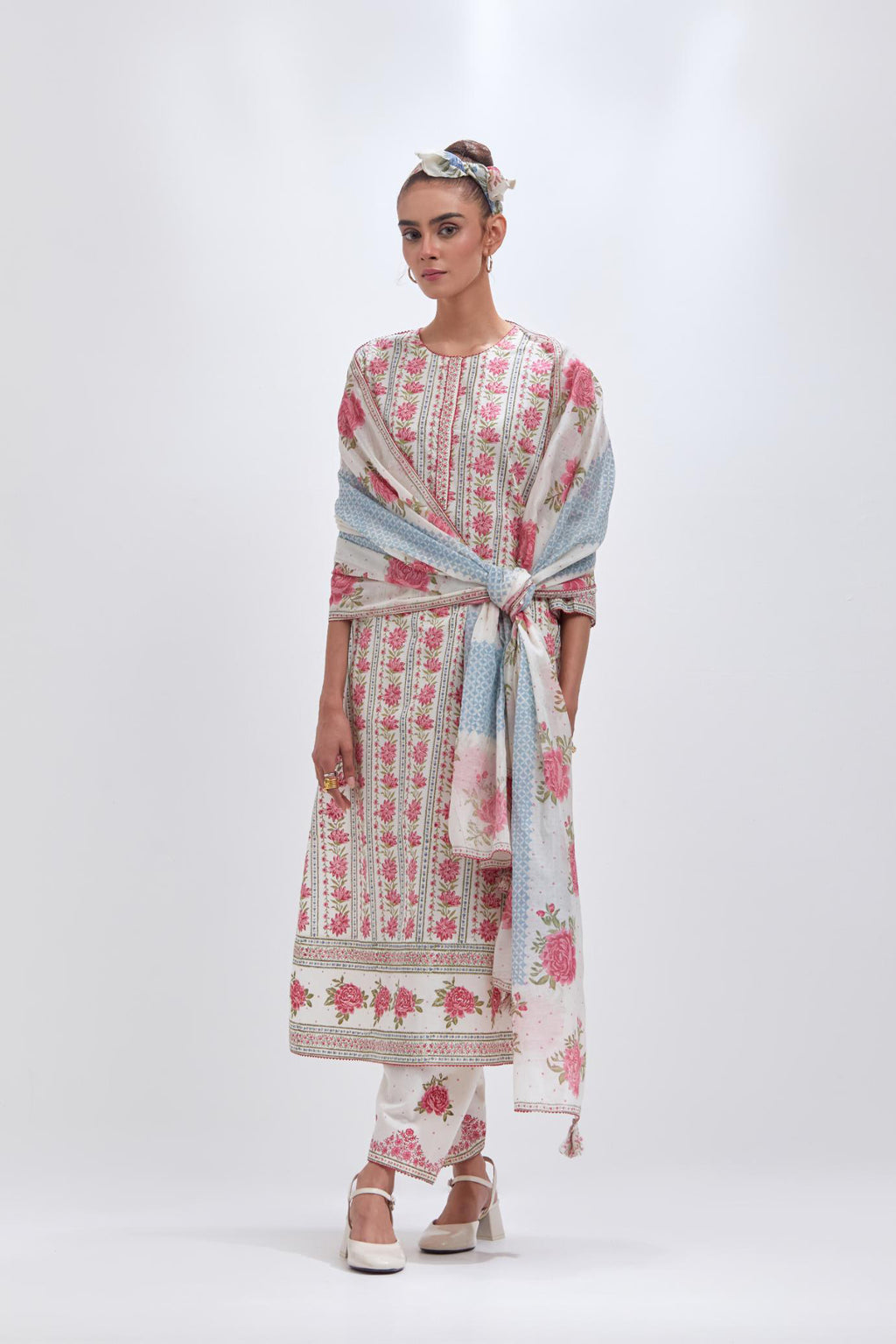 Off white cotton chanderi dupatta with all-over blue & pink hand block print.
