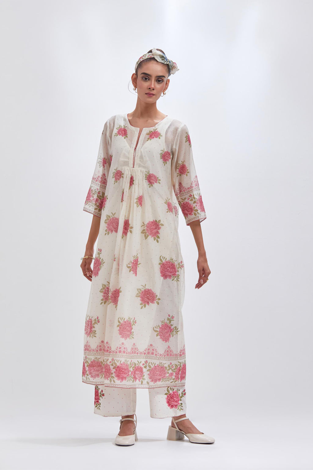 Off white cotton Chanderi straight long kurta dress set with all-over pink & green hand block print.