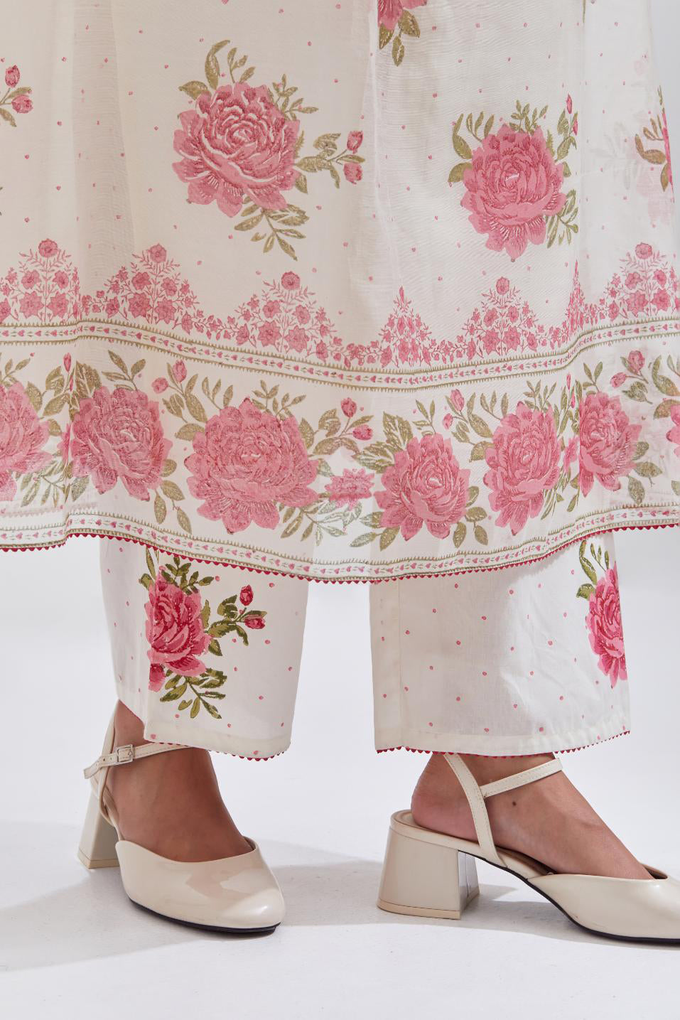 Off white cotton Chanderi straight long kurta dress set with all-over pink & green hand block print.