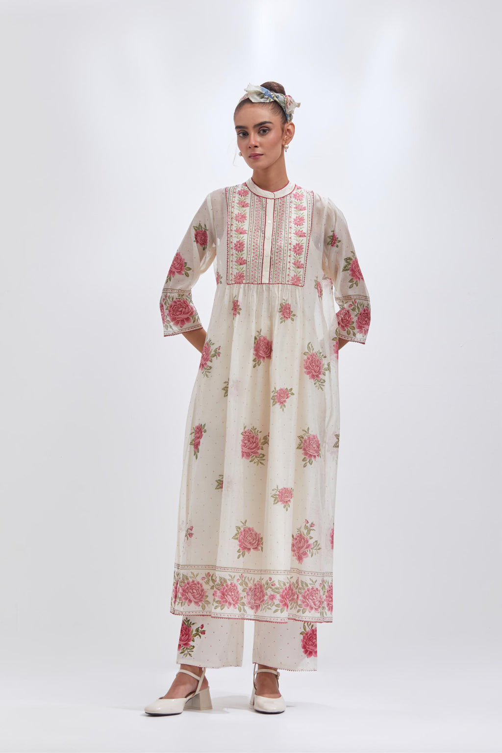 Off white cotton chanderi Kurta dress set with all-over pink & green floral hand block print, paired with