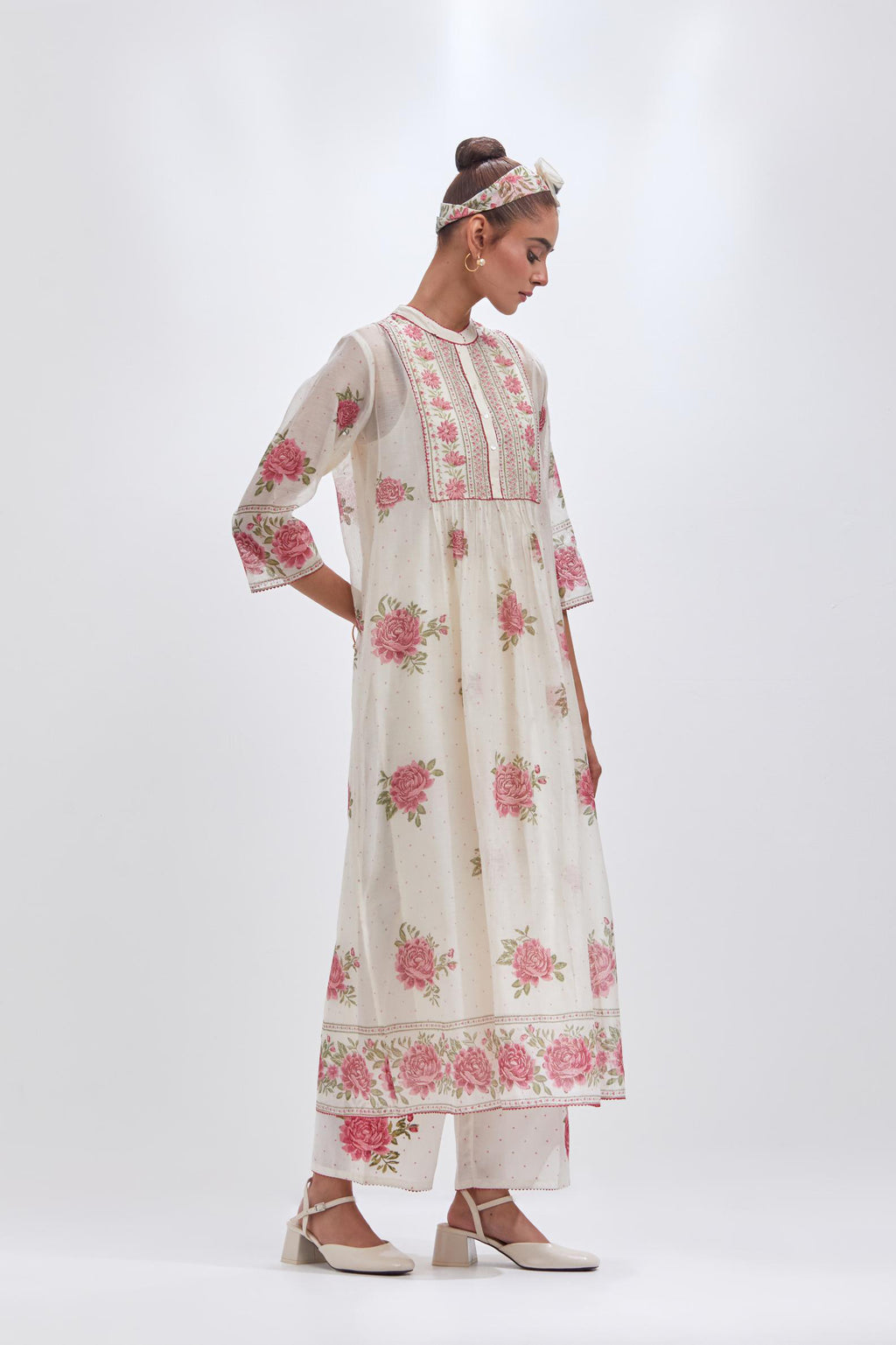 Off white cotton chanderi Kurta dress set with all-over pink & green floral hand block print, paired with