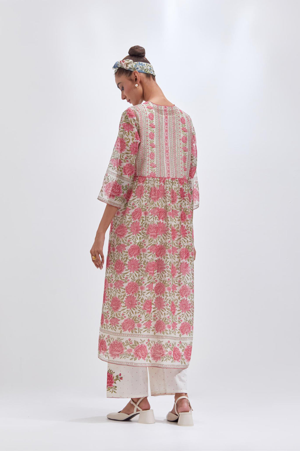 Off white cotton chanderi kurta dress set with all-over pink & green floral hand block print.