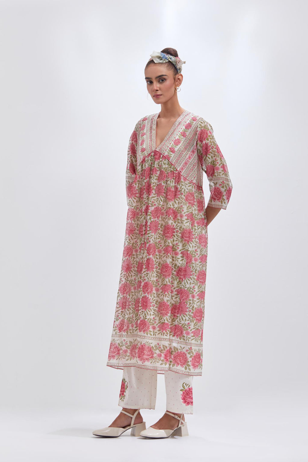 Off white cotton chanderi kurta dress set with all-over pink & green floral hand block print.