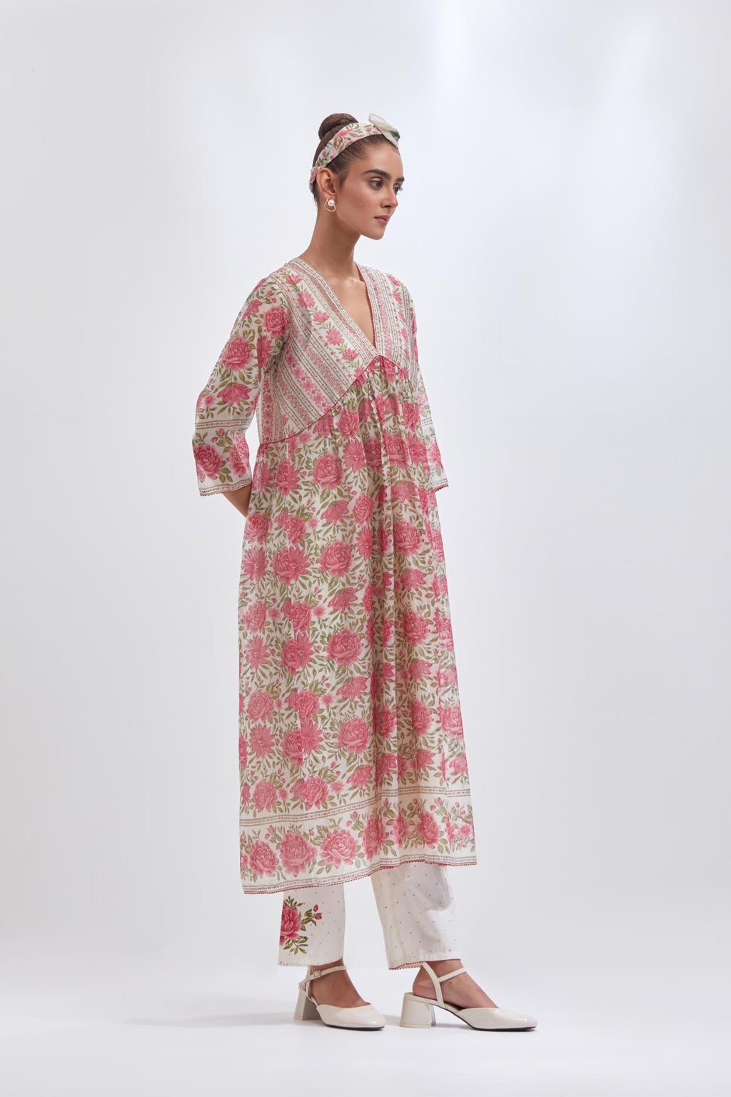 Off white cotton chanderi kurta dress set with all-over pink & green floral hand block print.