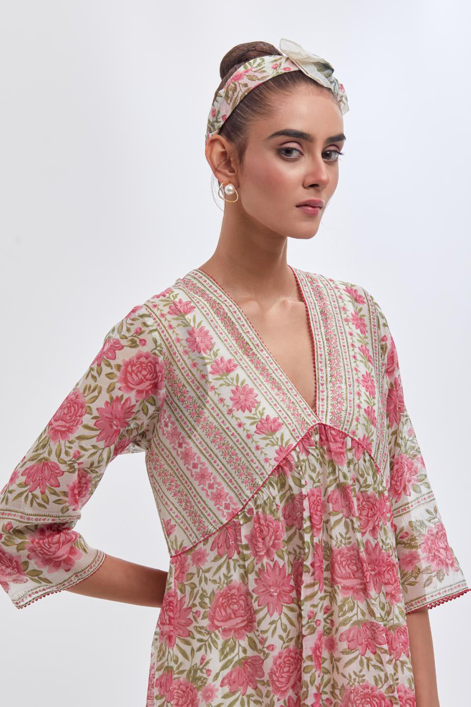 Off white cotton chanderi kurta dress set with all-over pink & green floral hand block print.