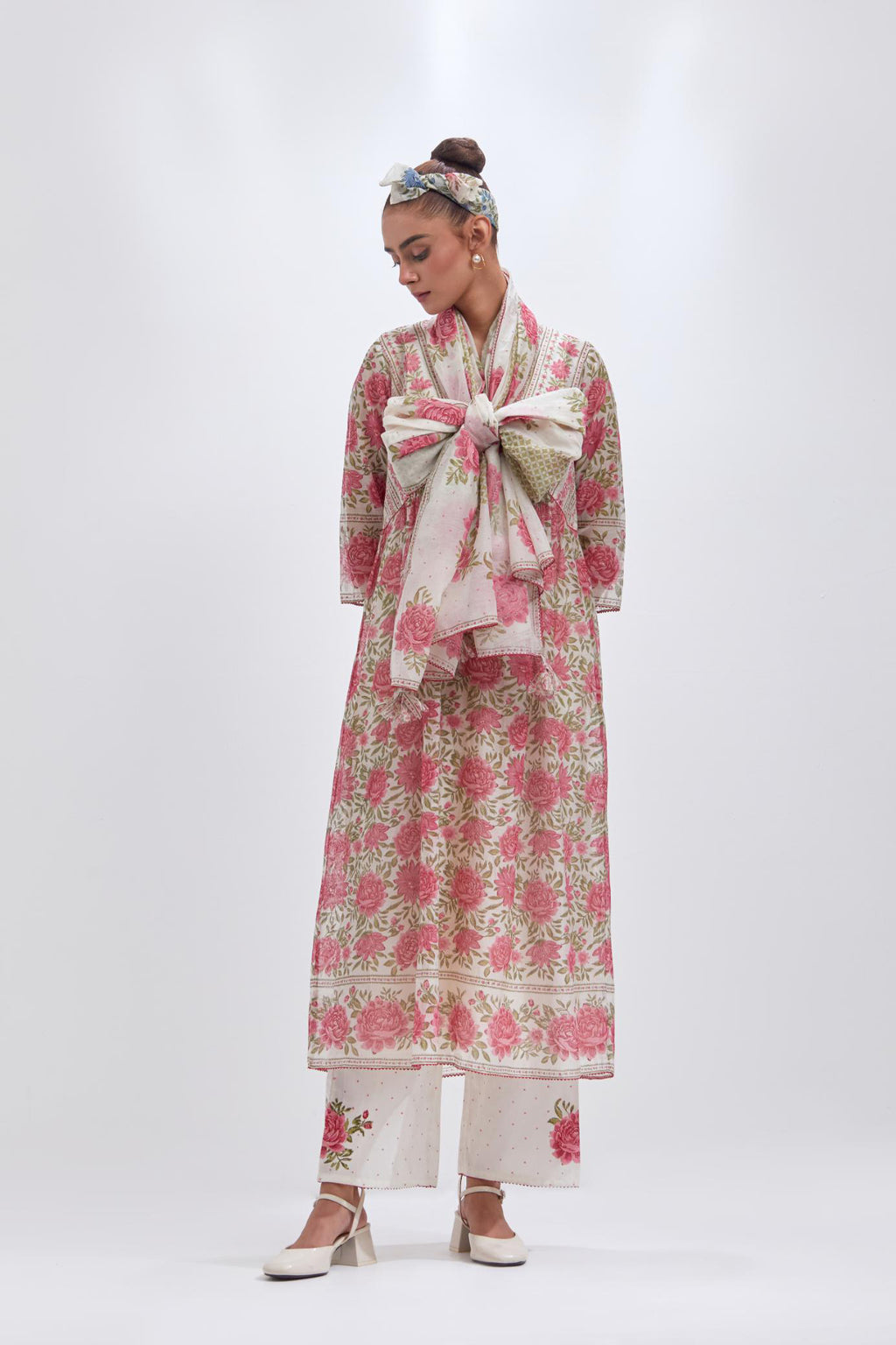 Off white cotton chanderi dupatta with all-over pink & green hand block print.
