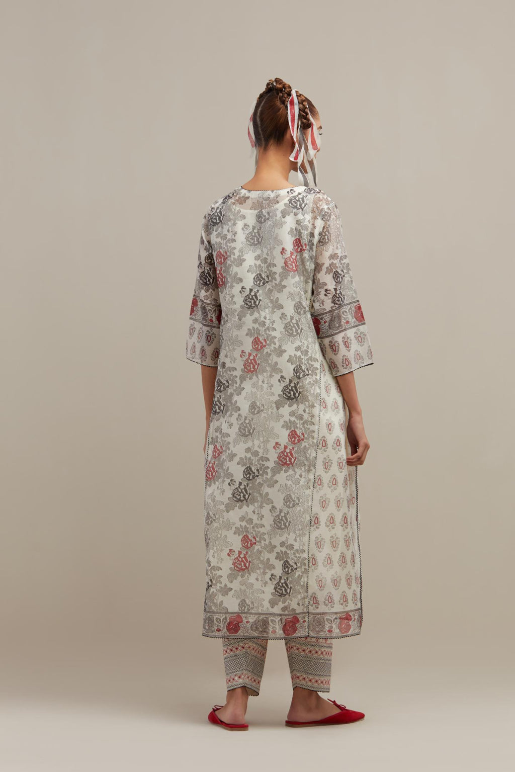 Off white cotton chanderi hand-block printed kurta set with side panels. highlighted with ricrac