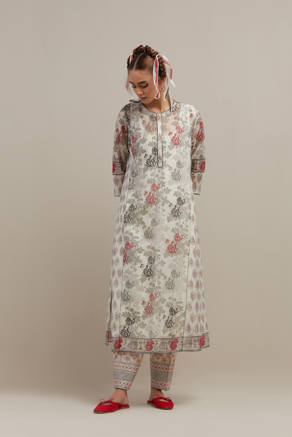 Off white cotton chanderi hand-block printed kurta set with side panels. highlighted with ricrac