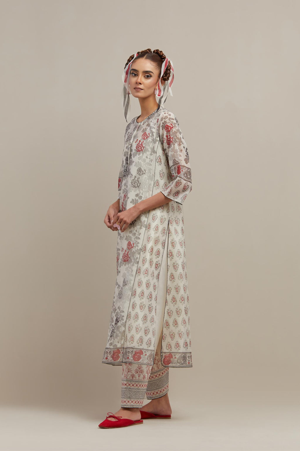 Off white cotton chanderi hand-block printed kurta set with side panels. highlighted with ricrac