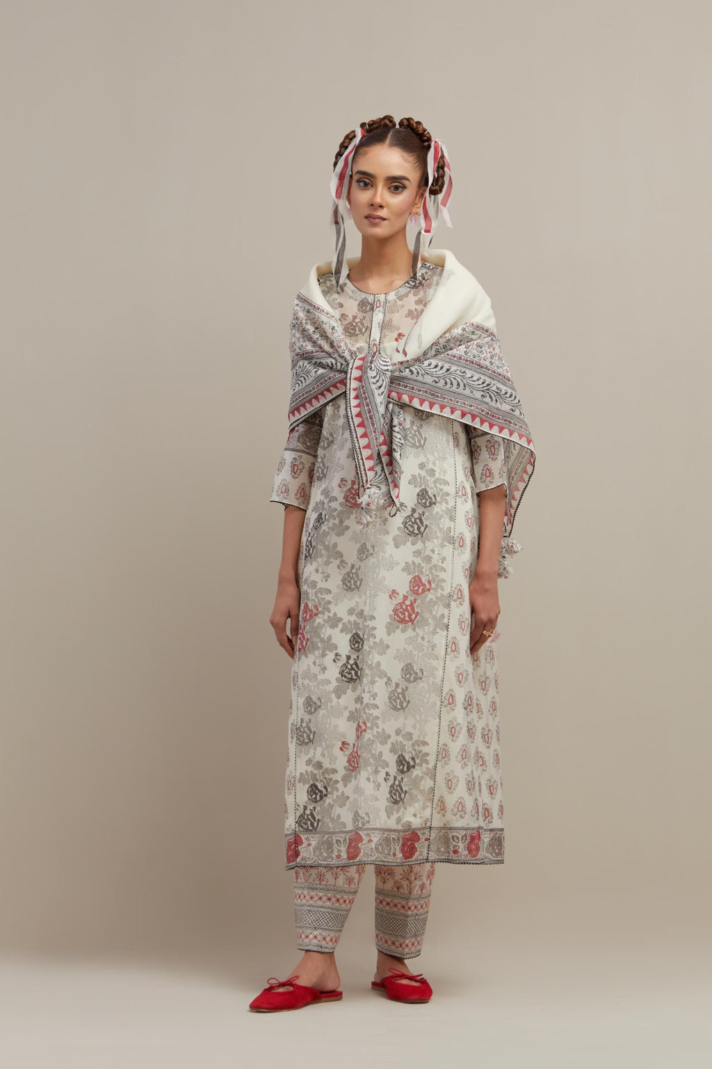 Off white cotton chanderi hand-block printed kurta set with side panels. highlighted with ricrac