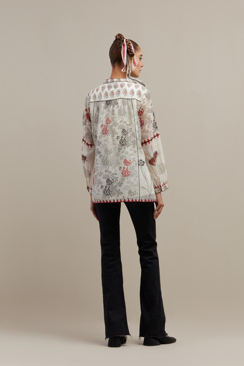 Off white cotton chanderi straight short top with all-over red & black hand block print.